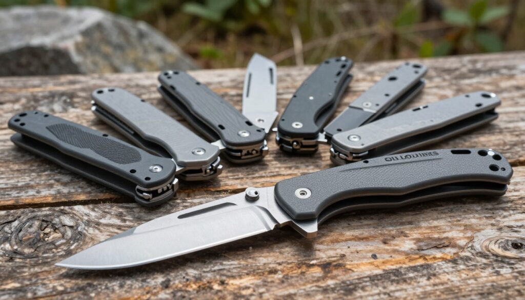 A collection of tactical folding knives displayed on a rugged wooden surface. In the foreground, showcase a sleek, modern folding knife partially opened, emphasizing its sharp blade and ergonomic handle. In the middle, arrange a few more models with varying designs, highlighting their unique features such as textured grips and contrasting finishes. In the background, blur the scenery of outdoor elements like rocks and greenery to evoke a sense of adventure. The lighting is natural, casting soft shadows that enhance the metallic sheen of the blades. The atmosphere is one of practicality and readiness, appealing to outdoor enthusiasts and those interested in tactical gear.