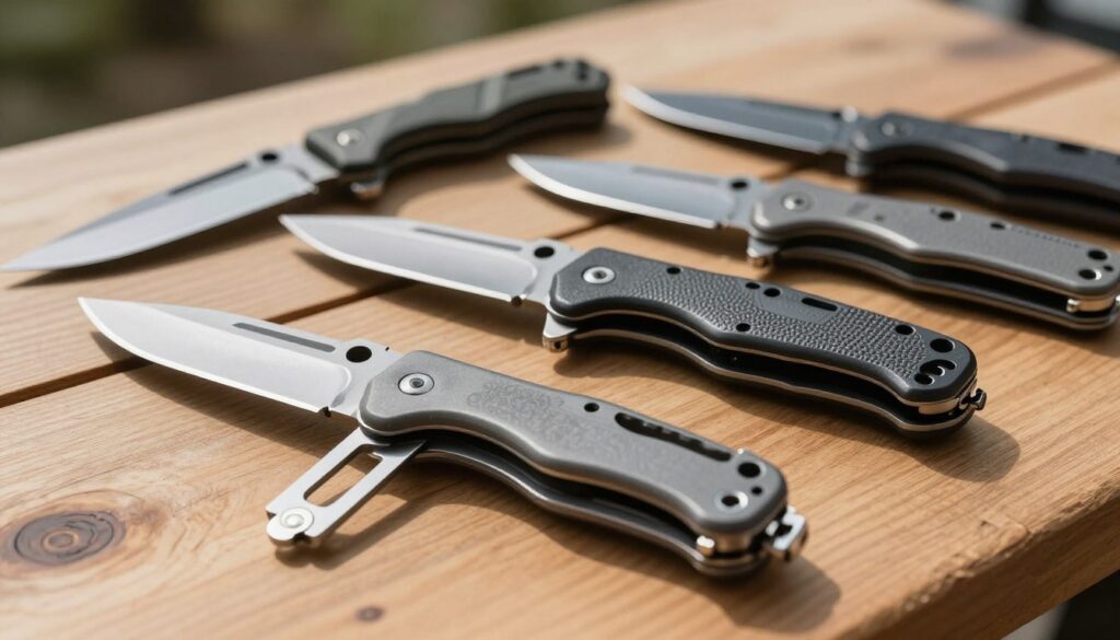 A collection of tactical knives displayed on a wooden surface, showcasing their additional features. In the foreground, highlight a multi-functional knife with a partially serrated blade, equipped with a glass breaker and a mini flashlight. In the middle ground, place a folding knife with a textured handle and a built-in bottle opener. In the background, softly blurred, show other tactical knives with varied blade shapes and colors, enhancing the diversity of design. Use natural lighting to create a shadow play, giving depth to the objects. The mood should be professional and focused, conveying the importance of choosing the right knife features for different scenarios, with a subtle outdoor environment hinted at in the background.