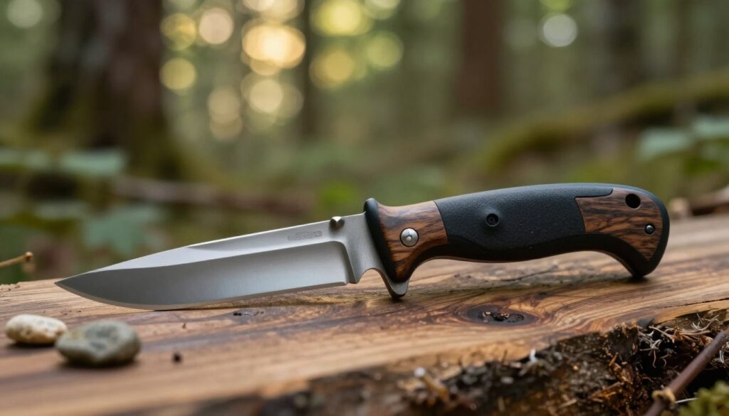 A compact and versatile bushcraft knife, featuring a sleek, drop-point blade made of high-quality stainless steel, rests on a rugged wooden surface. The knife has an ergonomic, textured handle with a slight sheen, showcasing a blend of dark wood and rubber for optimal grip. In the foreground, a few natural elements, like small stones and twigs, add an earthy touch, enhancing the outdoor theme. The background shows a blurred forest scene with soft, dappled sunlight filtering through the leaves, creating a tranquil atmosphere. The image is captured with a shallow depth of field, emphasizing the knife while providing a warm, inviting feel. Natural lighting enhances the details and textures, making the knife appear ready for any adventure.