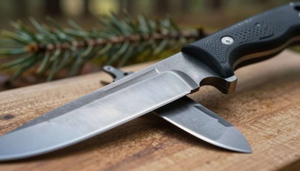 A detailed close-up of a bushcraft knife blade, showcasing the intricate geometry and craftsmanship of the edge. The foreground features the blade, capturing its sharpness and unique grind, with light glinting off the polished steel surface. In the middle ground, a textured wooden cutting board serves as the base, enhancing the rugged, outdoor theme. The background features soft-focused elements like pine branches and a blurred forest setting, suggesting a wilderness environment. Emphasize natural lighting for a warm, inviting atmosphere, while ensuring a shallow depth of field to keep the knife as the focal point. The overall mood is one of precision and functionality, highlighting the design and purposefulness of a bushcraft knife in outdoor scenarios.