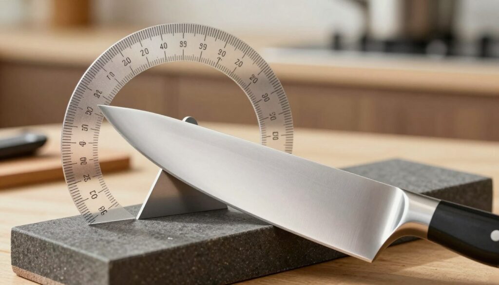 A detailed illustration showcasing the sharpening angle of a knife, specifically focusing on the geometry of the blade. In the foreground, depict a close-up of a sharp, professional chef's knife, angled against a sharpening stone. The knife should reflect light, showcasing its polished edge and fine details of the blade's curve. In the middle ground, include a sharpening guide protractor that indicates various angles, emphasizing the importance of the sharpening angle relative to the knife type. The background should subtly blend a kitchen setting, with soft, warm lighting illuminating the scene to create a focused yet inviting atmosphere. The overall mood should impart a sense of precision and craftsmanship in knife sharpening, with no text or distractions in the imagery.
