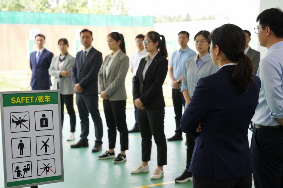 A detailed scene focusing on safety principles in dynamic shooting sports. In the foreground, display a well-maintained shooting range safety sign featuring clear pictograms symbolizing safety rules, such as wearing ear and eye protection. In the middle ground, depict a diverse group of individuals in professional business attire, such as blazers and dress shirts, engaged in a training session about safety procedures, attentively listening to an instructor. The background should include targets and safety barriers, with a bright, natural daylight illuminating the entire range, creating an atmosphere of focus and professionalism. Capture the shot from a slightly elevated angle to provide a comprehensive view of the training area while maintaining a safe and respectful environment.