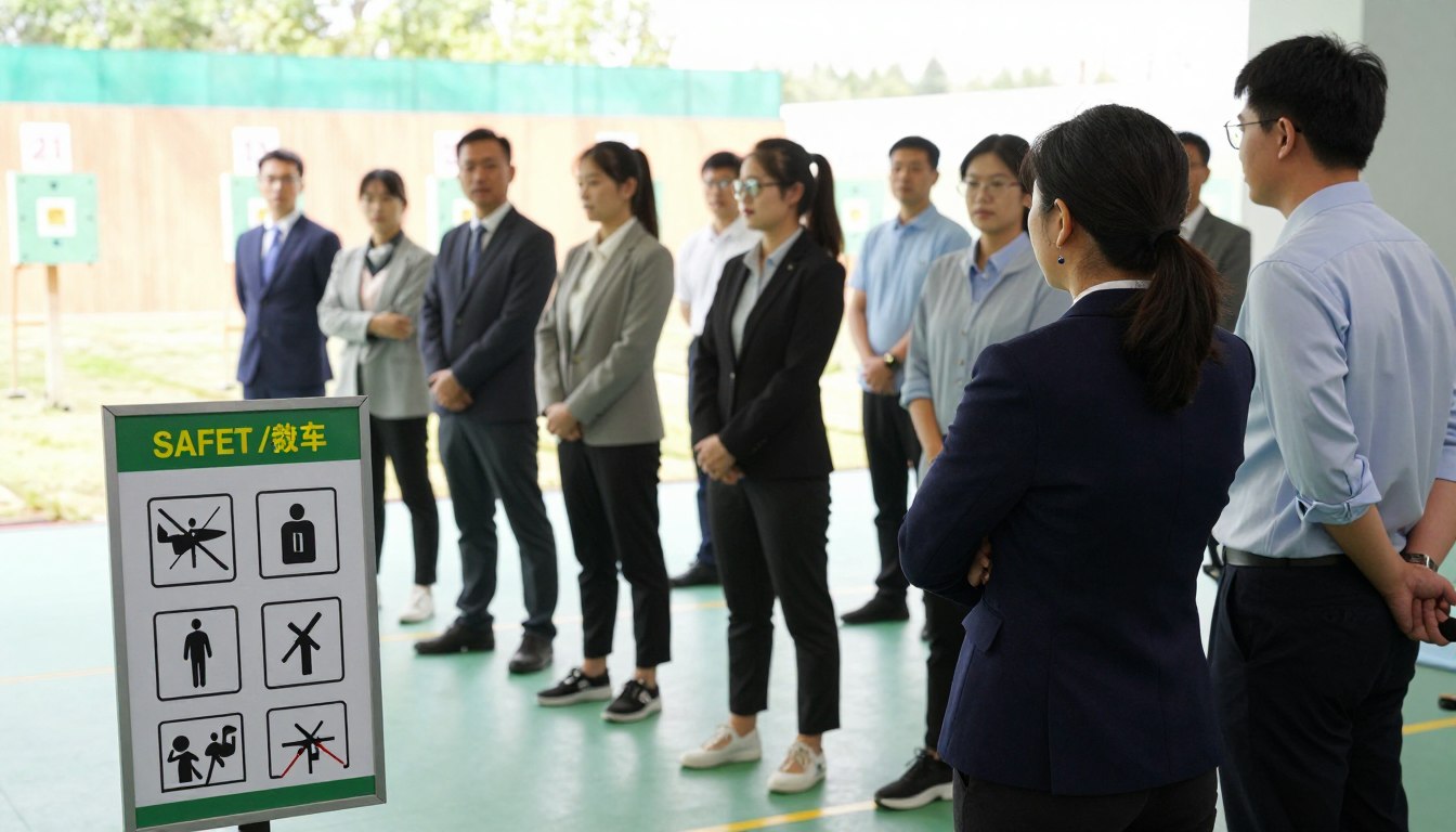 A detailed scene focusing on safety principles in dynamic shooting sports. In the foreground, display a well-maintained shooting range safety sign featuring clear pictograms symbolizing safety rules, such as wearing ear and eye protection. In the middle ground, depict a diverse group of individuals in professional business attire, such as blazers and dress shirts, engaged in a training session about safety procedures, attentively listening to an instructor. The background should include targets and safety barriers, with a bright, natural daylight illuminating the entire range, creating an atmosphere of focus and professionalism. Capture the shot from a slightly elevated angle to provide a comprehensive view of the training area while maintaining a safe and respectful environment.