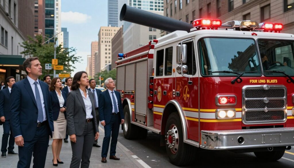 A dramatic scene capturing the essence of "four long blasts of a fire siren" in a cityscape. In the foreground, a vintage fire truck with its lights flashing, parked on a bustling street. The middle ground features a diverse group of people, dressed in professional business attire, looking towards the fire truck with expressions of concern and curiosity. In the background, an urban skyline with modern buildings and a clear blue sky, emphasizing the contrast between everyday life and the siren's urgency. The lighting should be bright and natural, highlighting the reflective surfaces of the fire truck and creating a sense of urgency and alertness in the atmosphere. The composition should evoke a feeling of community response and safety awareness.