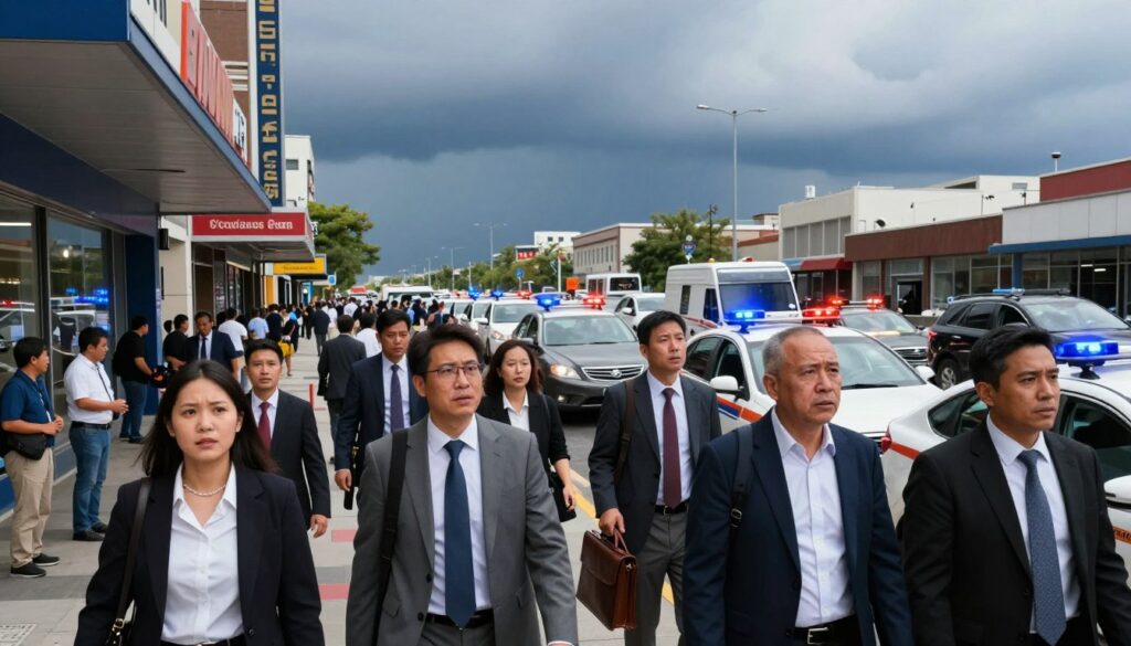 A dramatic scene depicting a busy urban environment immediately after hearing an emergency siren. In the foreground, a diverse group of people dressed in professional business attire, some with briefcases, exhibit expressions of concern as they look around for safety. In the middle ground, vehicles are pulled over with their hazard lights flashing, while pedestrians take cover close to storefronts, observing the situation carefully. The background features a clear blue sky, but there are ominous dark clouds gathering on the horizon, suggesting an impending storm. The scene is illuminated by bright daylight, emphasizing the urgency of the moment, with sharp contrasts between light and shadow to convey tension. The perspective is slightly elevated, providing a comprehensive view of the chaotic yet organized response of the crowd.