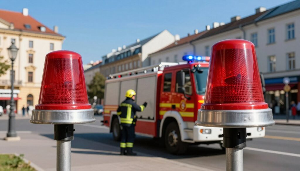 A dramatic scene depicting a fire alarm siren wailing intensely in a modern Polish city. In the foreground, an attention-capturing red fire siren on a pole, glistening under bright midday sunlight, creating a vivid contrast against the clear blue sky. In the middle distance, a sleek fire truck parked nearby, its sirens flashing, with firefighters in smart uniforms communicating urgently. In the background, a bustling urban landscape featuring recognizable Polish architecture, including a historic building and contemporary shops, subtly blurred to emphasize the urgency of the situation. The composition should convey a sense of alertness and readiness, with dynamic lighting casting sharp shadows, evoking an atmosphere of urgency and diligence in emergency response.
