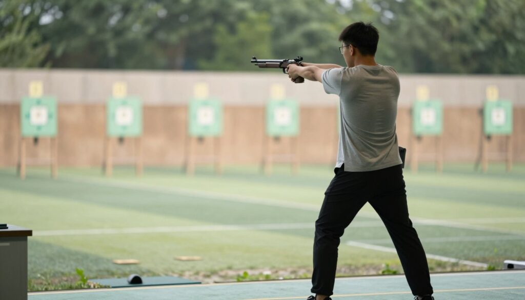 A dynamic shooting scene featuring a beginner shooter demonstrating proper stance, grip, and trigger control. In the foreground, focus on the shooter, a young adult in modest casual clothing, standing with feet shoulder-width apart, knees slightly bent, and arms extended holding a firearm in a safe, controlled posture. The middle ground captures a shooting range with targets at varying distances. The background shows blurred outlines of trees, creating a natural setting. Soft, diffused lighting highlights the shooter’s form, emphasizing concentration and precision. The atmosphere conveys a sense of focus and determination, suitable for promoting safe and effective shooting techniques.