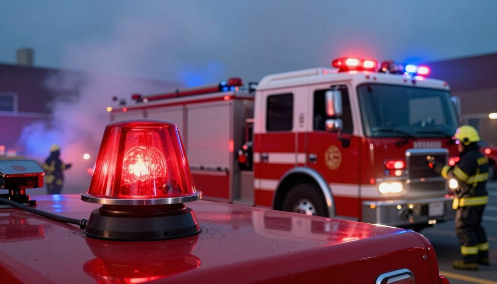 A focused scene depicting a firefighter siren atop a fire truck, prominently showcasing its bright red color and distinctive design. The foreground captures the siren with a slight sheen, emphasizing its metallic texture. In the middle ground, the fire truck is parked with flashing lights activated, reflecting urgency, while firefighters in professional attire are communicating and preparing for action. In the background, a smoky urban landscape hints at a recent emergency, with darkened skies contrasting against the bright lights. The mood is intense and dramatic, illuminated by a mix of flashing red and blue lights, creating a sense of urgency and alertness. The angle is slightly low, creating a heroic perspective of the scene.