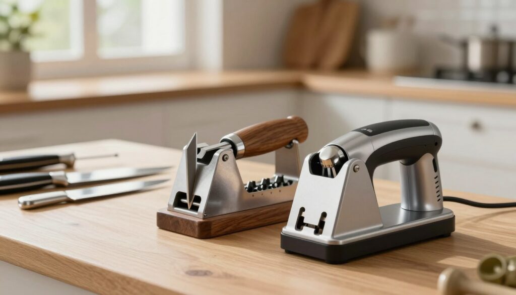 A well-lit workbench scene featuring both a manual and an electric knife sharpener prominently displayed in the foreground. The manual sharpener should be a classic design with a wooden base and metal components, while the electric sharpener appears modern with a sleek, metallic finish. In the middle ground, freshly sharpened knives, gleaming with a sharp edge, are laid out alongside a close-up view of sharpening angles being demonstrated. The background shows a cozy kitchen environment with soft natural light filtering through a window, creating a warm and inviting atmosphere. The focus should be sharp and detailed, highlighting the craftsmanship involved in knife sharpening, evoking a sense of professionalism and expertise in kitchen tool maintenance.