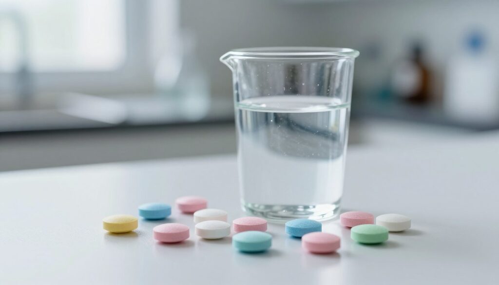 A clear, informative setting focused on water purification tablets. In the foreground, a close-up view of several colorful water purification tablets arranged neatly on a clean surface, highlighting different shapes and colors. In the middle ground, a transparent vial filled with water sits next to the tablets, symbolizing the process of purification. The background features a softly blurred kitchen or laboratory environment, with soft, natural lighting that enhances the clarity of the tablets. The atmosphere is calm and professional, evoking a sense of scientific precision. The image should have a shallow depth of field to emphasize the tablets and vial in focus, creating an engaging and informative visual. A clear, informative setting focused on water purification tablets. In the foreground, a close-up view of several colorful water purification tablets arranged neatly on a clean surface, highlighting different shapes and colors. In the middle ground, a transparent vial filled with water sits next to the tablets, symbolizing the process of purification. The background features a softly blurred kitchen or laboratory environment, with soft, natural lighting that enhances the clarity of the tablets. The atmosphere is calm and professional, evoking a sense of scientific precision. The image should have a shallow depth of field to emphasize the tablets and vial in focus, creating an engaging and informative visual.