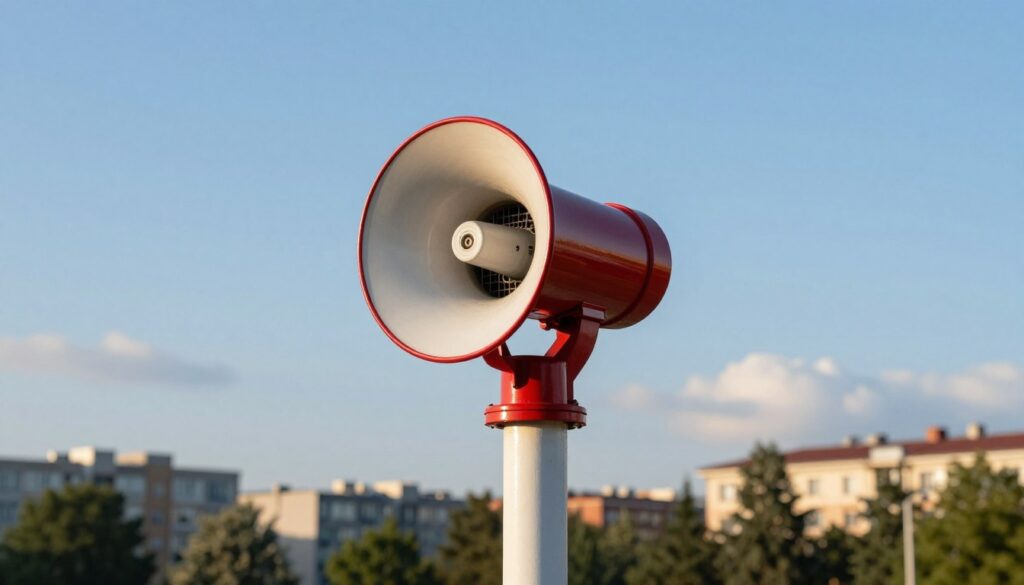 A close-up view of a traditional Polish siren alarm atop a tall pole, with bright red and white colors contrasting against a clear blue sky. In the foreground, focus on the siren itself, showcasing its distinctive circular design and grill. In the middle ground, include a cityscape detailing modern buildings and green trees, suggesting an urban environment where the siren is commonly found. In the background, soft clouds float, hinting at an early morning or late afternoon setting with warm sunlight filtering through. The scene conveys a sense of alertness and seriousness, underscoring the importance of public safety measures. The atmosphere is calm yet marked by an underlying tension, as if preparing for potential emergencies or tests.