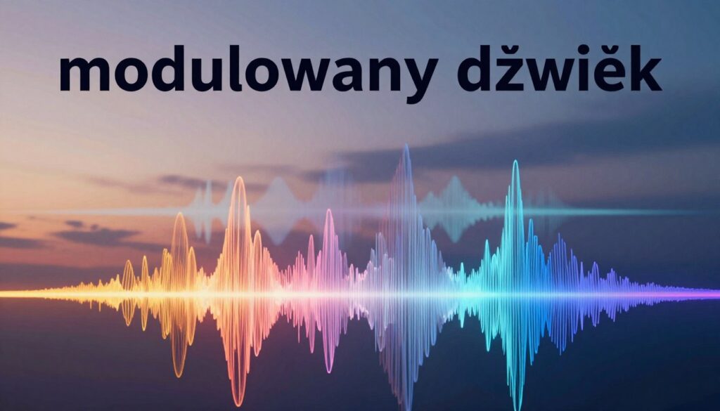 A complex sound wave visual represented through colorful, modulating sine waves, symbolizing the concept of "modulowany dźwięk" in an abstract style. In the foreground, vibrant waves oscillate, illuminated with a mix of warm and cool lighting to create depth. The middle layer features additional sound frequencies blending into the foreground waves, with a soft glow that enhances their movement. The background showcases a gradient sky transitioning from day to night, adding a sense of dynamism and urgency to the image. The overall atmosphere is both reflective and energetic, suggesting the importance of recognizing different sound types. Use a high-resolution lens effect to capture intricate details and ensure a polished, professional aesthetic.