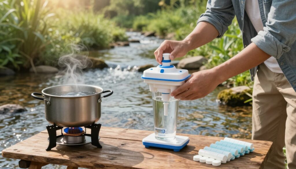 A serene outdoor setting showcasing various water filtration methods. In the foreground, a professional figure in casual attire demonstrates a water filter system, illustrating the practical use of filtration techniques. To the left, a pot of water is heated on a portable stove, representing the boiling method, while to the right, an arrangement of water purification tablets is displayed on a rustic wooden table. In the middle ground, a clear flowing stream reflects the natural environment, symbolizing the source of the water. The background features lush greenery under a soft, warm sunlight, creating a peaceful atmosphere. The angle captures the scene from a slightly elevated viewpoint, emphasizing the harmony between nature and practical water purification methods. A serene outdoor setting showcasing various water filtration methods. In the foreground, a professional figure in casual attire demonstrates a water filter system, illustrating the practical use of filtration techniques. To the left, a pot of water is heated on a portable stove, representing the boiling method, while to the right, an arrangement of water purification tablets is displayed on a rustic wooden table. In the middle ground, a clear flowing stream reflects the natural environment, symbolizing the source of the water. The background features lush greenery under a soft, warm sunlight, creating a peaceful atmosphere. The angle captures the scene from a slightly elevated viewpoint, emphasizing the harmony between nature and practical water purification methods.