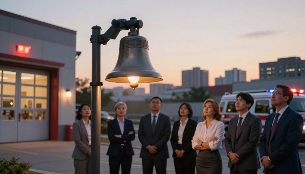 A serene urban landscape at dusk, featuring a modern fire station with a large, illuminated alarm bell prominently in the foreground. The bell emits a gentle glow, highlighting its significance in public safety. In the middle ground, a diverse group of people, dressed in professional business attire, gather attentively, looking up at the bell with expressions of curiosity and concern. The background showcases a city skyline, with subtle hints of emergency vehicles, reflecting a sense of urgency and preparedness. Golden hour lighting casts a warm, inviting tone across the scene, creating a balance of calmness amid the potential alarm. The overall mood is informative and reassuring, emphasizing community awareness and safety protocols in a harmonious environment.