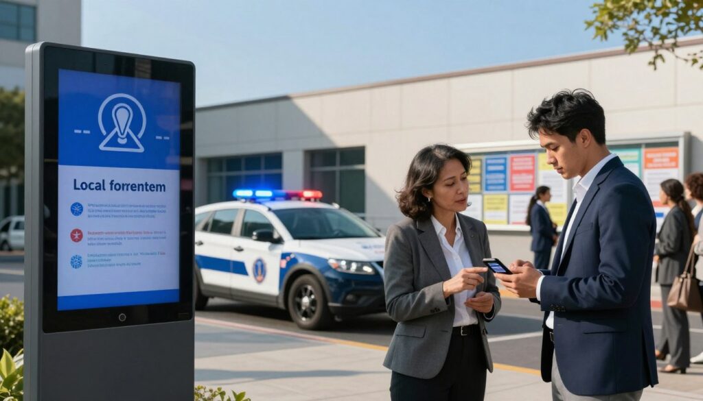 A serene urban landscape depicting a local government office amidst a backdrop of clear blue skies. In the foreground, a large, informative digital screen displays a stylized alert icon, signifying community announcements. Nearby, a group of diverse professionals in business attire, including a middle-aged woman discussing with a young man, are examining a smartphone displaying a news website. In the middle ground, a police vehicle parked with flashing lights, contributing to the atmosphere of readiness and communication. The background features a community bulletin board filled with colorful flyers about safety alerts and local events. Soft, natural lighting casts gentle shadows, enhancing a sense of calm and vigilance while reflecting community preparedness and engagement. A serene urban landscape depicting a local government office amidst a backdrop of clear blue skies. In the foreground, a large, informative digital screen displays a stylized alert icon, signifying community announcements. Nearby, a group of diverse professionals in business attire, including a middle-aged woman discussing with a young man, are examining a smartphone displaying a news website. In the middle ground, a police vehicle parked with flashing lights, contributing to the atmosphere of readiness and communication. The background features a community bulletin board filled with colorful flyers about safety alerts and local events. Soft, natural lighting casts gentle shadows, enhancing a sense of calm and vigilance while reflecting community preparedness and engagement.