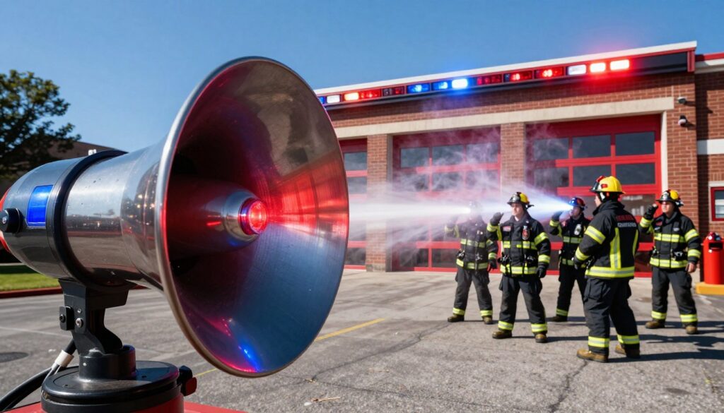 A striking scene of a fire station's alarm system in action, showcasing a series of sirens with bright, attention-grabbing lights. In the foreground, include a close-up view of the main siren, highlighting its sleek design and intense red and blue flashing lights. The middle ground features firefighters in professional uniforms, alert and prepared for action, reacting to the alarming sounds. The background captures the fire station itself, a sturdy brick structure with a clear blue sky above. Use dynamic lighting to create a sense of urgency, with shadows projecting from the siren lights. The atmosphere should be tense yet organized, symbolizing the readiness and response of first responders to emergency situations.