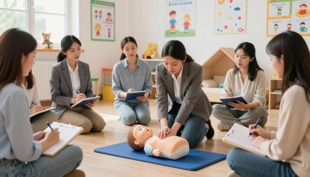 A bright, well-lit classroom setting featuring a group of adults, professionally dressed, demonstrating first aid techniques tailored for children under three years old. In the foreground, a caring instructor is showing how to perform CPR on a baby mannequin, surrounded by attentive teachers taking notes. In the middle ground, colorful educational posters about child safety are displayed on the walls, adding a playful atmosphere. The background features comforting elements like soft toys and a cozy reading nook, creating a child-friendly environment. The mood is focused yet friendly, with natural light filtering through windows, highlighting the importance of this essential training.