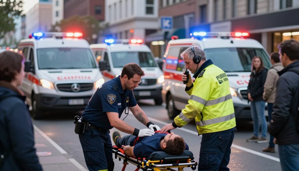 A busy urban street scene depicting emergency response in action, focusing on a first aid situation. In the foreground, a paramedic wearing professional attire tends to an injured person lying on a stretcher, while another medic communicates with a dispatcher through a radio, showcasing urgency. The middle ground features a clear view of emergency vehicles with flashing lights, parked alongside the road. In the background, bustling city architecture provides context, with pedestrians watching in concern. The lighting is dynamic, capturing the early evening glow, highlighting the scene's intensity. Use a shallow depth of field to emphasize the foreground activities, creating a sense of focus and engagement while maintaining a professional and serious atmosphere. The overall mood is one of urgency and community support during a critical moment.