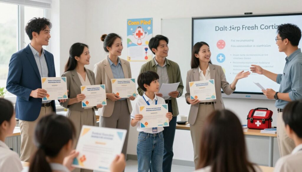 A certification scene for a pediatric first aid course, featuring a diverse group of adults, including parents, caregivers, and teachers, dressed in professional attire, standing together proudly holding their first aid certification documents. In the foreground, focus on the documents, showcasing colorful design elements like a medal or badge symbolizing achievement. The middle layer shows the smiling participants interacting, with one person gesturing towards a presentation board displaying first aid principles. The background includes a bright, well-lit classroom environment, with educational posters on the walls and first aid kits on a nearby table. The atmosphere is uplifting and encouraging, evoking a sense of accomplishment and readiness to help children in emergencies. Soft, natural lighting illuminates the space, enhancing the positive mood.