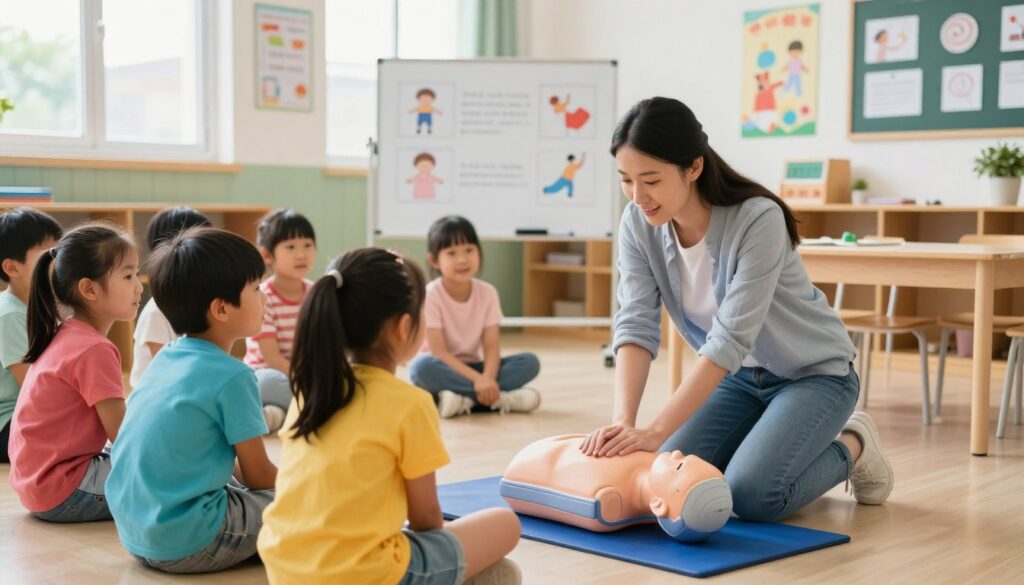 A classroom scene depicting a first aid demonstration for young children. In the foreground, a teacher in smart casual clothing is kneeling beside a child mannequin, showing students how to perform CPR. The children, aged 6 to 9 years, are sitting on the floor, attentively watching and mimicking the teacher’s actions; they are dressed in colorful, modest clothing. In the middle ground, a whiteboard displays simple first aid instructions through drawings, while educational posters hang on the walls. The classroom is bright and cheerful, with natural light streaming through large windows. The atmosphere is focused yet encouraging, with a sense of excitement and engagement from the children, symbolizing a safe learning environment. The scene captures the importance of education in basic safety.