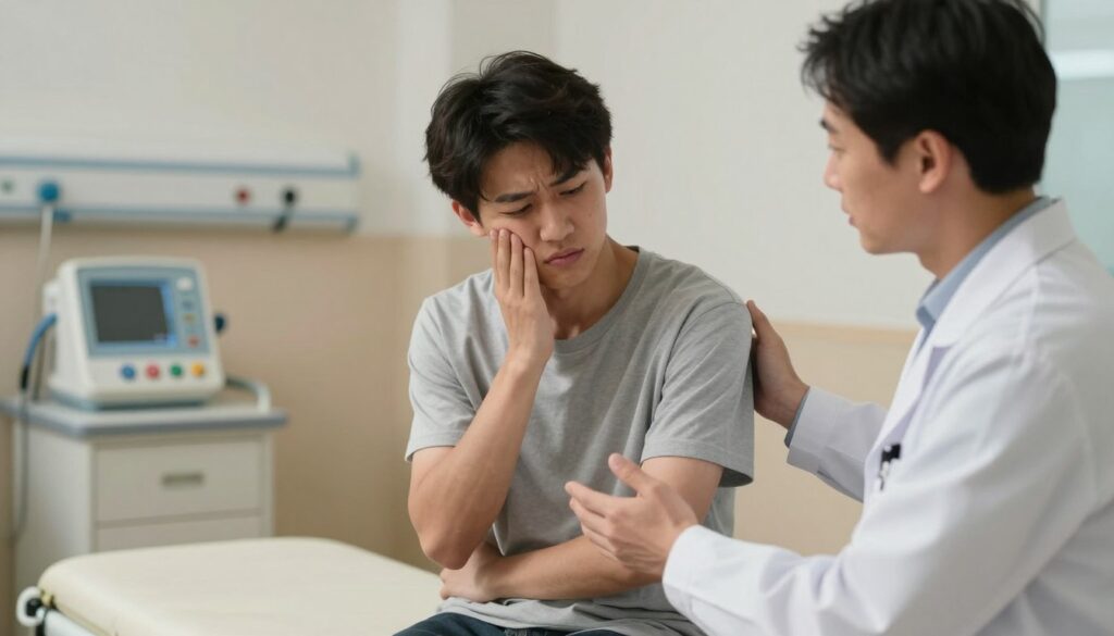 A clinical setting showcasing a healthcare professional, dressed in a crisp white lab coat and modest attire, observing a conscious young adult experiencing a seizure episode. In the foreground, the healthcare professional demonstrates an empathetic expression, showcasing a caring demeanor while preparing to assist. In the middle, the young adult displays typical seizure symptoms, such as shaking limbs and a stiff posture, emphasizing the urgency of the moment. In the background, a hospital setting with medical equipment can be seen, softly illuminated with warm, diffused lighting to create a calm yet serious atmosphere. The composition captures the theme of "recognizing a seizure" with a focus on appropriate response and care, ensuring a respectful portrayal of a sensitive subject. A clinical setting showcasing a healthcare professional, dressed in a crisp white lab coat and modest attire, observing a conscious young adult experiencing a seizure episode. In the foreground, the healthcare professional demonstrates an empathetic expression, showcasing a caring demeanor while preparing to assist. In the middle, the young adult displays typical seizure symptoms, such as shaking limbs and a stiff posture, emphasizing the urgency of the moment. In the background, a hospital setting with medical equipment can be seen, softly illuminated with warm, diffused lighting to create a calm yet serious atmosphere. The composition captures the theme of "recognizing a seizure" with a focus on appropriate response and care, ensuring a respectful portrayal of a sensitive subject.