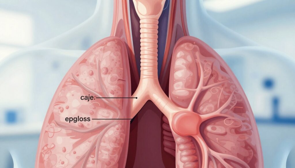 A close-up illustration of human respiratory pathways, highlighting the anatomy of the throat and windpipe. The image should capture the esophagus and trachea in detailed and vivid colors, providing a clear view of the internal structures. In the foreground, anatomical labels or arrows point to different parts, like the epiglottis and vocal cords, without any text overlay. The middle ground features a subtle gradient that enhances visibility, and the background is a soft-focus blend of blues and whites to evoke a clinical atmosphere. The lighting is bright and focused, simulating an examination room while maintaining a calm and educational mood. No human figures are included, ensuring a clear representation of the anatomy. A close-up illustration of human respiratory pathways, highlighting the anatomy of the throat and windpipe. The image should capture the esophagus and trachea in detailed and vivid colors, providing a clear view of the internal structures. In the foreground, anatomical labels or arrows point to different parts, like the epiglottis and vocal cords, without any text overlay. The middle ground features a subtle gradient that enhances visibility, and the background is a soft-focus blend of blues and whites to evoke a clinical atmosphere. The lighting is bright and focused, simulating an examination room while maintaining a calm and educational mood. No human figures are included, ensuring a clear representation of the anatomy.