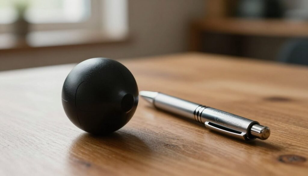 A close-up image of a kubotan and a tactical pen resting on a wooden table. The kubotan is a sleek, black self-defense tool made of durable material, featuring a smooth, ergonomic design that highlights its practical use. Next to it, the tactical pen is a glossy, silver color with intricate patterns etched onto its surface, showcasing its dual functionality as a writing instrument and a self-defense item. Soft, natural light streams in from the left, creating gentle shadows that enhance the texture of the items. In the background, a blurred out environment resembling a cozy indoor space adds warmth, suggesting everyday use. The overall atmosphere is practical and focused, emphasizing the usefulness of these self-defense accessories in daily life.