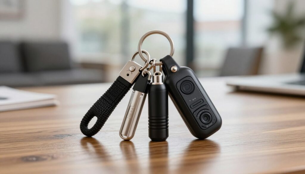 A close-up image of a stylish, practical women's self-defense keychain, intricately designed with safety tools like a compact pepper spray, a durable keyring, and a discreet personal alarm. The foreground features the keychain artistically arranged on a polished wooden surface, reflecting soft natural light that highlights the texture and materials. In the middle, include subtle hints of a cozy home or urban environment, suggesting readiness for any situation. The background should blur gently to enhance focus on the keychain while maintaining an inviting atmosphere. The mood is confident and empowering, evoking a sense of safety and preparedness. The image should be bright, maintaining a professional look without any text or branding. A close-up image of a stylish, practical women's self-defense keychain, intricately designed with safety tools like a compact pepper spray, a durable keyring, and a discreet personal alarm. The foreground features the keychain artistically arranged on a polished wooden surface, reflecting soft natural light that highlights the texture and materials. In the middle, include subtle hints of a cozy home or urban environment, suggesting readiness for any situation. The background should blur gently to enhance focus on the keychain while maintaining an inviting atmosphere. The mood is confident and empowering, evoking a sense of safety and preparedness. The image should be bright, maintaining a professional look without any text or branding.