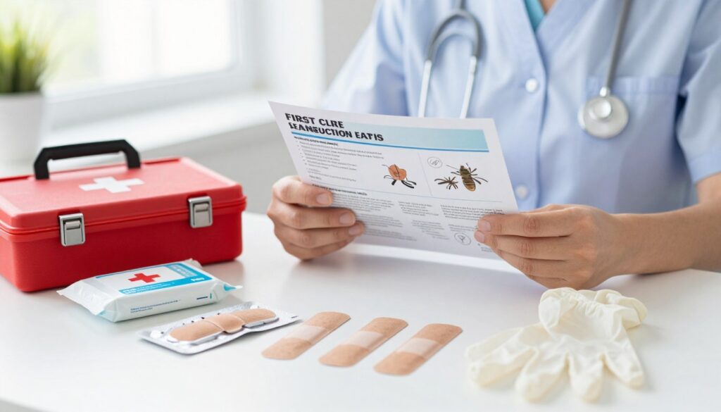 A close-up of a professional first aid kit set on a clean white surface, with various items like antiseptic wipes, adhesive bandages, and a pair of gloves prominently displayed in front. In the mid-ground, a medical professional dressed in a neat, modest outfit examines an instruction sheet detailing step-by-step procedures for treating insect stings, showing focused concentration. In the background, soft natural light filters through a window, creating a calming environment to suggest a sense of safety and readiness. The overall mood is reassuring and educational, emphasizing the importance of prompt first aid in response to allergic reactions and pain from stings. A close-up of a professional first aid kit set on a clean white surface, with various items like antiseptic wipes, adhesive bandages, and a pair of gloves prominently displayed in front. In the mid-ground, a medical professional dressed in a neat, modest outfit examines an instruction sheet detailing step-by-step procedures for treating insect stings, showing focused concentration. In the background, soft natural light filters through a window, creating a calming environment to suggest a sense of safety and readiness. The overall mood is reassuring and educational, emphasizing the importance of prompt first aid in response to allergic reactions and pain from stings.