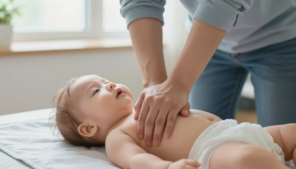 A close-up scene illustrating a professional adult, dressed in modest casual clothing, performing chest compressions on an infant lying on a soft surface, such as a mat or a padded table. The adult's hands are positioned correctly, emphasizing the technique of the compressions. In the background, soft, natural light filters in through a window, creating a calm and focused atmosphere. The setting is a well-lit room with neutral tones, promoting a sense of safety and care. The angle is slightly above, providing a clear view of the action while ensuring the focus remains on the safe application of first aid. The mood is serious yet hopeful, capturing the essence of a critical life-saving moment.