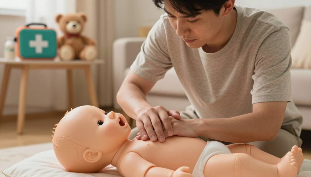 A close-up scene illustrating the technique of chest thrusts for infant choking relief. In the foreground, a trained adult, dressed in a modest casual outfit, is demonstrating the proper hand positioning and motion on a soft, plush infant mannequin that resembles a baby. The adult's focused expression conveys seriousness and care. In the middle ground, a cozy living room setting is visible, with a warm-toned light softly illuminating the scene, creating a comforting and nurturing atmosphere. In the background, soft toys and a pediatric first aid kit can be seen on a nearby table. The overall mood is educational and reassuring, emphasizing the importance of safety and effective techniques in emergency situations.