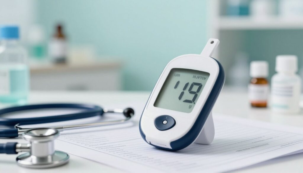 A close-up view of a digital glucose meter displaying a reading of blood sugar levels in a clinical setting. In the foreground, the sleek device is positioned at an angle, ensuring clear visibility of the screen. Surrounding it are soft-focus elements like a stethoscope and medical charts, indicating a health professional's workspace. The middle ground features subtle hints of a well-organized clinic environment, such as shelves with medical supplies. The background should be softly blurred, highlighting calm pastel colors like light blues and greens to evoke a serene atmosphere. The lighting is bright yet gentle, suggestive of a professional medical examination room, creating a mood of reassurance and health awareness. A close-up view of a digital glucose meter displaying a reading of blood sugar levels in a clinical setting. In the foreground, the sleek device is positioned at an angle, ensuring clear visibility of the screen. Surrounding it are soft-focus elements like a stethoscope and medical charts, indicating a health professional's workspace. The middle ground features subtle hints of a well-organized clinic environment, such as shelves with medical supplies. The background should be softly blurred, highlighting calm pastel colors like light blues and greens to evoke a serene atmosphere. The lighting is bright yet gentle, suggestive of a professional medical examination room, creating a mood of reassurance and health awareness.
