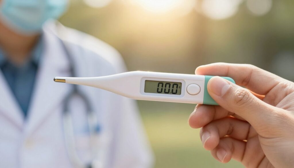 A close-up view of a digital thermometer displaying a high body temperature, set against a soft, blurred background of a sunny outdoor scene, illustrating heat exposure. The thermometer shows a clear reading in Celsius, symbolizing the urgency of monitoring vital signs in cases of heat-related illnesses. In the foreground, a hand in professional attire gently holds the thermometer, emphasizing the importance of medical assistance. Warm sunlight filters in, casting a slight glow and creating a sense of warmth associated with heat stress. The overall atmosphere conveys urgency yet professionalism, as the focus is on the thermometer and the importance of temperature monitoring during heat emergencies. No text or markings are included. A close-up view of a digital thermometer displaying a high body temperature, set against a soft, blurred background of a sunny outdoor scene, illustrating heat exposure. The thermometer shows a clear reading in Celsius, symbolizing the urgency of monitoring vital signs in cases of heat-related illnesses. In the foreground, a hand in professional attire gently holds the thermometer, emphasizing the importance of medical assistance. Warm sunlight filters in, casting a slight glow and creating a sense of warmth associated with heat stress. The overall atmosphere conveys urgency yet professionalism, as the focus is on the thermometer and the importance of temperature monitoring during heat emergencies. No text or markings are included.