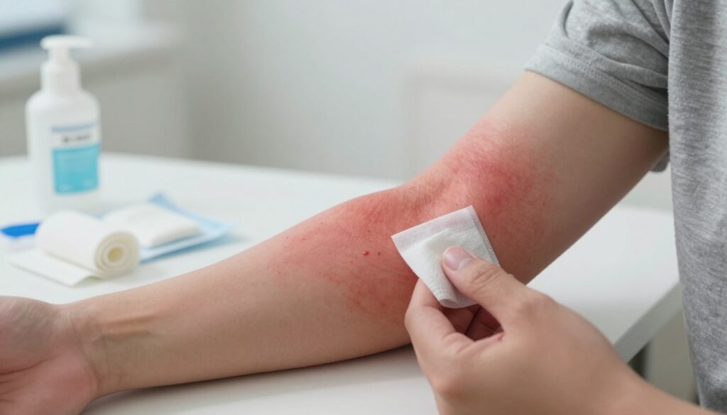 A close-up view of a human arm displaying chemical burn injuries with red, inflamed skin textures, showcasing affected areas in detail. The arm is worn by a person dressed in modest casual clothing, emphasizing the seriousness of chemical burns. In the foreground, a hand is gently applying a cooling gel or ointment, illustrating first aid treatment. In the middle ground, there are medical supplies such as bandages and antiseptic wipes, arranged neatly. The background is blurred, featuring a soft-lit clinical environment to enhance the focus on the injuries and treatment. The lighting is bright but soft, giving a clean and sterile atmosphere, underscoring the importance of medical response to chemical burns. A close-up view of a human arm displaying chemical burn injuries with red, inflamed skin textures, showcasing affected areas in detail. The arm is worn by a person dressed in modest casual clothing, emphasizing the seriousness of chemical burns. In the foreground, a hand is gently applying a cooling gel or ointment, illustrating first aid treatment. In the middle ground, there are medical supplies such as bandages and antiseptic wipes, arranged neatly. The background is blurred, featuring a soft-lit clinical environment to enhance the focus on the injuries and treatment. The lighting is bright but soft, giving a clean and sterile atmosphere, underscoring the importance of medical response to chemical burns.