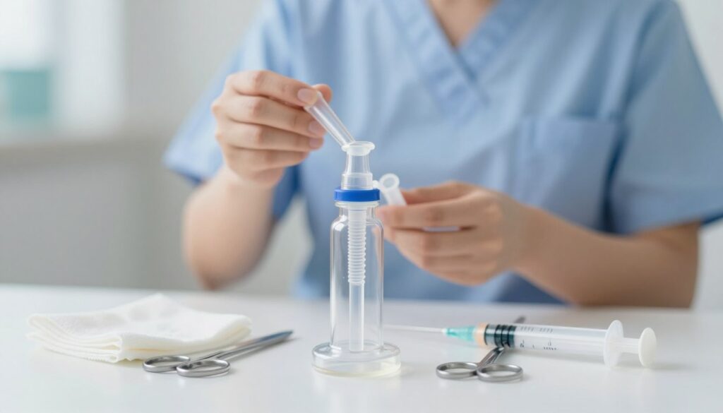 A close-up view of a tracheostomy tube and its care essentials set against a soft, blurred background of a clinical environment. In the foreground, a sterile tracheostomy tube is prominently displayed on a clean, white surface, gleaming under bright, soft lighting. Beside it, medical supplies like gauze, scissors, and a syringe are organized neatly, enhancing the focus on daily care routines. In the middle background, a nurse dressed in professional scrubs is gently handling the tracheostomy tube, demonstrating the careful technique associated with its maintenance. The atmosphere is calm and reassuring, conveying a sense of safety and professionalism in medical care. Use a shallow depth of field to emphasize the tube and supplies while softly blurring the nurse. A close-up view of a tracheostomy tube and its care essentials set against a soft, blurred background of a clinical environment. In the foreground, a sterile tracheostomy tube is prominently displayed on a clean, white surface, gleaming under bright, soft lighting. Beside it, medical supplies like gauze, scissors, and a syringe are organized neatly, enhancing the focus on daily care routines. In the middle background, a nurse dressed in professional scrubs is gently handling the tracheostomy tube, demonstrating the careful technique associated with its maintenance. The atmosphere is calm and reassuring, conveying a sense of safety and professionalism in medical care. Use a shallow depth of field to emphasize the tube and supplies while softly blurring the nurse.