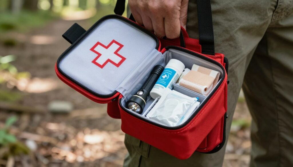 A close-up view of a well-organized, compact emergency first aid kit (apteczka) attached to a thigh holster, showcasing vibrant red and white colors. The foreground features the kit opened, displaying various medical supplies like bandages, antiseptics, and a compact flashlight neatly arranged. In the middle ground, a rugged outdoor setting is visible, with soft natural lighting filtering through trees, casting gentle shadows. The background hints at a hiking trail or a forested area, enhancing the operational and field-use theme. The overall atmosphere conveys preparedness and professionalism, ideal for emergency situations. Capture this from a slightly elevated angle, emphasizing the accessibility and practicality of the first aid kit in outdoor conditions.
