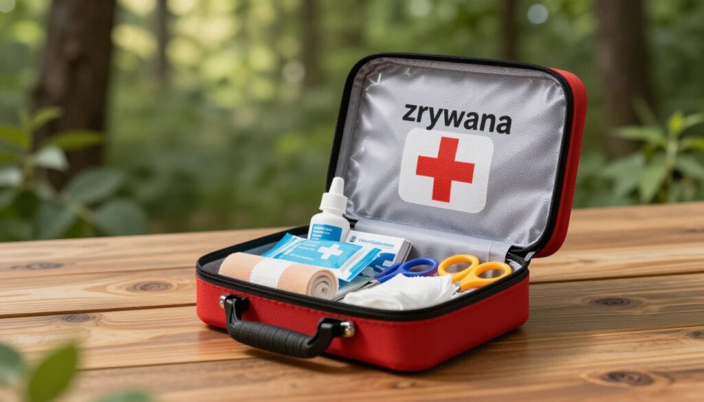 A close-up view of a “zrywana” first aid kit, artfully arranged on a wooden table. The kit is open, displaying a well-organized array of medical supplies: bandages, antiseptics, gauze, and scissors, all in vibrant colors. In the background, a lush green forest is softly blurred, suggesting an outdoor setting, enhancing the atmosphere of preparedness and functionality. Warm, natural lighting filters through the leaves, creating a calm and reassuring mood. The focus is sharp on the first aid kit, with a slight depth of field effect, while the background is gently softened. The image conveys the importance of durability and accessibility in emergency situations, reflecting the theme of care and organization within first aid essentials.
