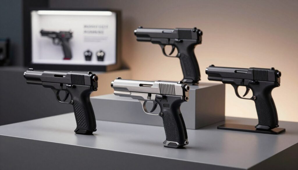 A collection of professional stun guns displayed on a sleek, modern surface, emphasizing safety and innovation. In the foreground, showcase various models of stun guns with distinct designs and features, including sleek grips and visible safety mechanisms. The middle background should feature a softly blurred display case highlighting their branding, emphasizing trust and reliability. For the backdrop, use a subtle gradient lighting effect that conveys a professional atmosphere, enhancing the sleek metal and matte finishes of the stun guns. The scene should evoke a sense of security and responsibility in self-defense. Utilize soft, diffused lighting to create an inviting yet serious mood, with a slight vignette to focus the viewer's attention on the stun guns.