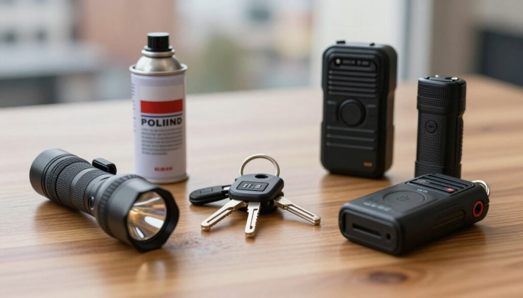 A collection of self-defense tools displayed on a polished wooden table. In the foreground, a tactical flashlight, a pepper spray canister, and a personal alarm device are prominently arranged, showcasing their sleek designs and practical features. In the middle, a close-up of a sturdy self-defense keychain with various attachments glimmers under soft, diffuse lighting. The background features a blurred urban setting, hinting at a city landscape with soft, warm tones to suggest safety and security. The atmosphere is calm yet assertive, emphasizing readiness and empowerment. The image should convey professionalism and practicality, ideal for informative content on self-defense tools available in Poland, captured with a slightly elevated angle for a dynamic perspective.