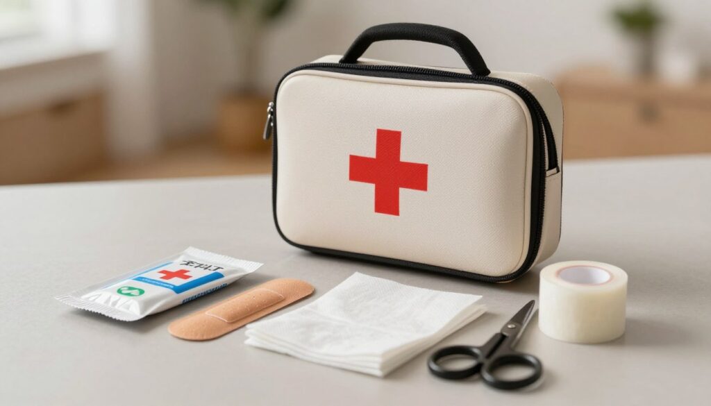 A compact first aid kit displayed on a neutral surface, showcasing essential contents. In the foreground, neatly arranged items include band-aids, antiseptic wipes, gauze pads, a small pair of scissors, and a medical tape roll. Each item is clearly visible and organized to emphasize accessibility. In the middle ground, the first aid kit itself is an elegant, discreet design, resembling a small purse. The background features a softly blurred indoor setting with warm, natural lighting that creates an inviting atmosphere. The image is shot at a slight angle to provide depth, and the focus is sharp on the kit and its contents, evoking a sense of preparedness and practicality in everyday situations.