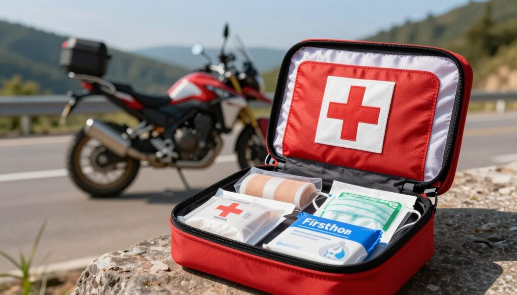 A compact motorcycle first aid kit displayed prominently in the foreground, showcasing vibrant red and white colors with a zipper partially open to reveal neatly organized medical supplies, such as bandages, antiseptic wipes, and a small CPR mask. In the middle ground, a rugged motorcycle parked on a winding road with green hills in the background under a clear blue sky. The scene is illuminated by soft, natural sunlight, giving a warm and reassuring atmosphere. The camera angle is slightly low, emphasizing the importance of safety gear for riders. Overall, the composition conveys a sense of preparedness and adventure, highlighting the necessity of a motorcycle first aid kit for travelers. A compact motorcycle first aid kit displayed prominently in the foreground, showcasing vibrant red and white colors with a zipper partially open to reveal neatly organized medical supplies, such as bandages, antiseptic wipes, and a small CPR mask. In the middle ground, a rugged motorcycle parked on a winding road with green hills in the background under a clear blue sky. The scene is illuminated by soft, natural sunlight, giving a warm and reassuring atmosphere. The camera angle is slightly low, emphasizing the importance of safety gear for riders. Overall, the composition conveys a sense of preparedness and adventure, highlighting the necessity of a motorcycle first aid kit for travelers.