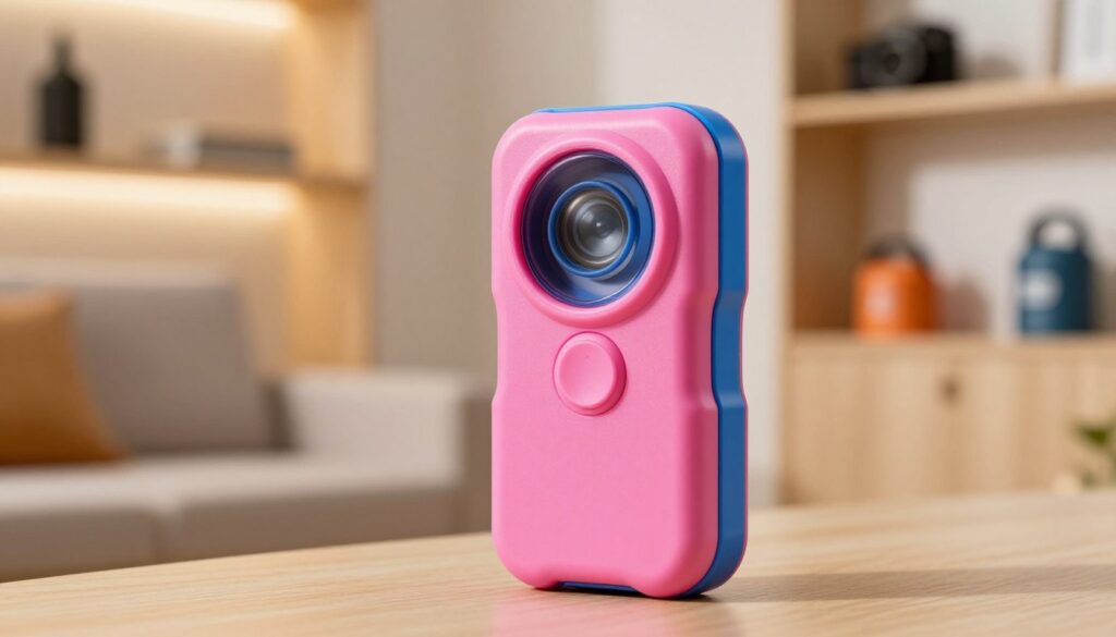 A compact, stylish personal alarm device prominently displayed in the foreground, featuring a sleek design with bright colors like pink and blue. The device is made of durable plastic with a prominent trigger button, emphasizing its functionality for self-defense. In the middle ground, include a softly-lit setting, perhaps a cozy living room or a trendy urban environment, to create a relatable context for the product. The background should feature light, out-of-focus elements such as shelves with accessories and safety items to suggest a well-organized space. Use warm, inviting lighting to evoke a sense of security and reliability, with a slight depth of field effect to keep the focus on the alarm. The overall mood should be empowering and reassuring, depicting safety in everyday life.
