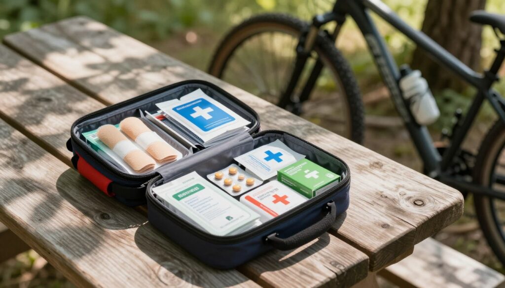 A compact, well-organized bicycle first aid kit resting on a wooden picnic table, surrounded by nature. The kit is open, revealing neatly arranged medical supplies: bandages, antiseptic wipes, pain relief tablets, and a small emergency guide. Sunlight filters through the leaves above, creating dappled light on the table. In the background, a blurred image of a bicycle leans against a tree, indicating an active lifestyle. The scene captures a serene yet prepared atmosphere, reflecting the importance of having a first aid kit for safety on bike rides. The perspective is slightly elevated, capturing the details of the kit while maintaining a soft focus on the bicycle and surroundings.