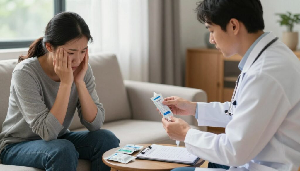 A composition illustrating the theme of food poisoning first aid, focusing on hydration and immediate actions. In the foreground, a concerned healthcare professional in a white lab coat is administering rehydration solutions to an adult patient sitting on a couch, looking distressed but calm. In the middle ground, a small table holds medical supplies such as hydration packs and a notepad with symptoms written on it. The background reveals a cozy living room with soft natural lighting filtering through the window, creating a warm and reassuring atmosphere. The image captures a serious yet empathetic mood, emphasizing the importance of observation and care in these situations, with careful attention to detail and clarity. A composition illustrating the theme of food poisoning first aid, focusing on hydration and immediate actions. In the foreground, a concerned healthcare professional in a white lab coat is administering rehydration solutions to an adult patient sitting on a couch, looking distressed but calm. In the middle ground, a small table holds medical supplies such as hydration packs and a notepad with symptoms written on it. The background reveals a cozy living room with soft natural lighting filtering through the window, creating a warm and reassuring atmosphere. The image captures a serious yet empathetic mood, emphasizing the importance of observation and care in these situations, with careful attention to detail and clarity.