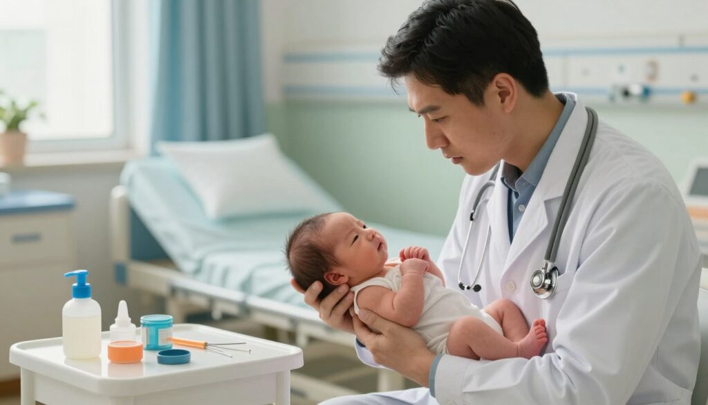 A concerned healthcare professional, dressed in a white lab coat, examines a newborn in a hospital setting, focusing on signs of distress. The foreground features the doctor gently holding the baby, ensuring a caring approach. In the middle, various medical tools are neatly arranged on a nearby table, emphasizing a serious atmosphere. The background shows a softly lit hospital room with comforting colors, such as pastel blues and greens, to create a sense of safety. Natural light filters through a window, casting a warm glow, while a calming atmosphere prevails, suggesting vigilance and care. The image captures the urgency of recognizing life-threatening signs in infants, highlighting both professionalism and compassion.