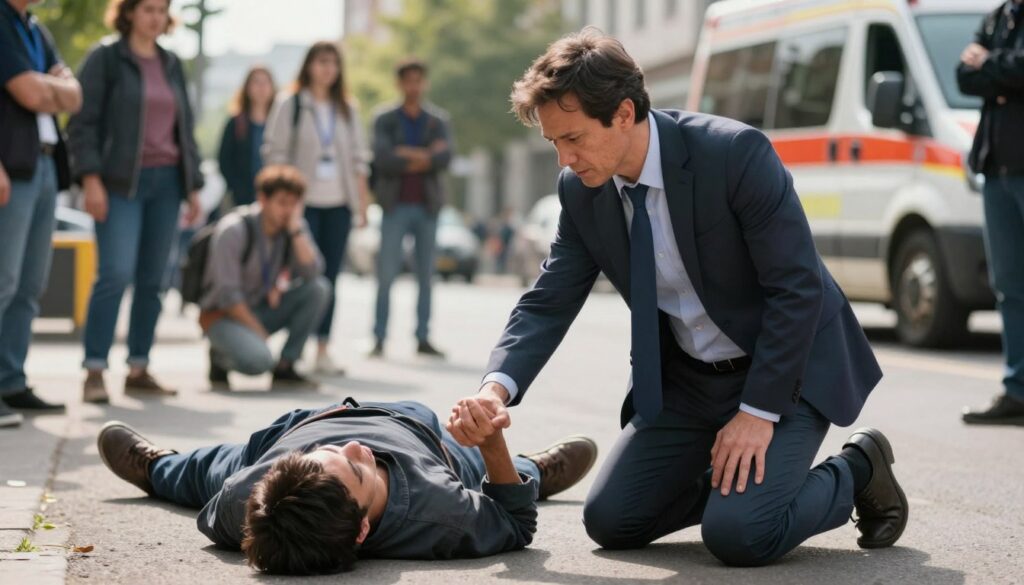 A courageous bystander in professional attire extends their hand to help an injured person lying on the ground in a life-threatening situation. The foreground features the bystander, a middle-aged individual with a determined expression, kneeling beside the victim who looks vulnerable yet hopeful. In the middle distance, a blurred scene of onlookers watches, emphasizing the gravity of the moment. The background captures an urban environment, with emergency vehicles and a worried crowd, suggesting urgency and concern. Soft, natural lighting enhances the emotional weight, casting gentle shadows. The atmosphere is tense yet filled with a sense of humanity and hope, embodying the moral obligation to provide aid in times of crisis. A courageous bystander in professional attire extends their hand to help an injured person lying on the ground in a life-threatening situation. The foreground features the bystander, a middle-aged individual with a determined expression, kneeling beside the victim who looks vulnerable yet hopeful. In the middle distance, a blurred scene of onlookers watches, emphasizing the gravity of the moment. The background captures an urban environment, with emergency vehicles and a worried crowd, suggesting urgency and concern. Soft, natural lighting enhances the emotional weight, casting gentle shadows. The atmosphere is tense yet filled with a sense of humanity and hope, embodying the moral obligation to provide aid in times of crisis.
