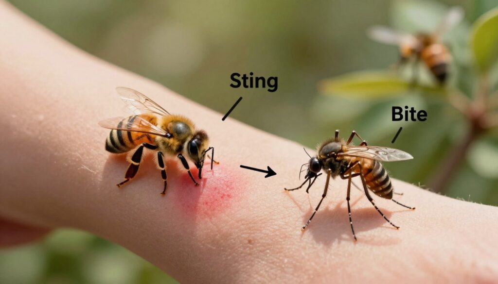 A detailed anatomical illustration contrasting a bee sting and a mosquito bite. In the foreground, depict a close-up of a human arm with a noticeable bee sting on one side, showing redness and swelling. On the other side, illustrate a mosquito bite with slight redness, emphasizing the difference in intensity. In the middle ground, include labels showing "Sting" and "Bite" with arrows pointing to the respective injuries. The background should be a soft-focus nature scene, hinting at a garden where bees and mosquitoes are present. Utilize warm, natural lighting to create an informative and clinical atmosphere. Aim for a professional tone with clear details, without any distracting elements or text overlays. A detailed anatomical illustration contrasting a bee sting and a mosquito bite. In the foreground, depict a close-up of a human arm with a noticeable bee sting on one side, showing redness and swelling. On the other side, illustrate a mosquito bite with slight redness, emphasizing the difference in intensity. In the middle ground, include labels showing "Sting" and "Bite" with arrows pointing to the respective injuries. The background should be a soft-focus nature scene, hinting at a garden where bees and mosquitoes are present. Utilize warm, natural lighting to create an informative and clinical atmosphere. Aim for a professional tone with clear details, without any distracting elements or text overlays.