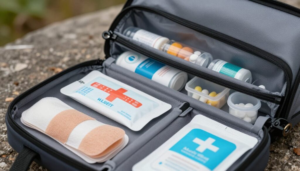 A detailed and organized image of a portable medicine kit, artistically laying open to showcase its contents. In the foreground, various medicines and first-aid supplies, such as bandages, antiseptic wipes, and pill containers, are neatly arranged. The middle layer features the sleek, modern-looking bag with a zipper partially opened, revealing its bright, organized interior. The bag is designed to be water-resistant, emphasizing protection against external factors. In the background, a subtle outdoor environment, possibly depicting a hiking trail, suggests the mobility of the kit. Soft, natural lighting creates a warm, inviting atmosphere, highlighting the practicality and preparedness of the kit. The focus is sharp, capturing the essential details, and the angle is a slight top-down view to display the organized layout effectively.