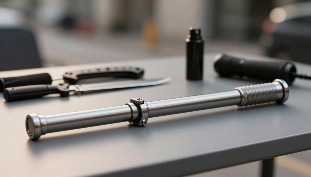 A detailed and realistic depiction of a telescopic baton lying on a sleek, modern table. In the foreground, the baton is extended and showcases its metallic texture and intricate locking mechanism, glistening under soft, focused lighting. The middle ground includes various self-defense accessories, like a knife and pepper spray, arranged neatly to highlight their relevance. The background features a blurred urban setting, with soft bokeh effects to create a sense of depth, accentuating a serious but informative mood. The lighting is warm and inviting, suggesting a professional and educational atmosphere, perfect for illustrating key parameters in choosing the ideal model of a telescopic baton for self-defense. A detailed and realistic depiction of a telescopic baton lying on a sleek, modern table. In the foreground, the baton is extended and showcases its metallic texture and intricate locking mechanism, glistening under soft, focused lighting. The middle ground includes various self-defense accessories, like a knife and pepper spray, arranged neatly to highlight their relevance. The background features a blurred urban setting, with soft bokeh effects to create a sense of depth, accentuating a serious but informative mood. The lighting is warm and inviting, suggesting a professional and educational atmosphere, perfect for illustrating key parameters in choosing the ideal model of a telescopic baton for self-defense.