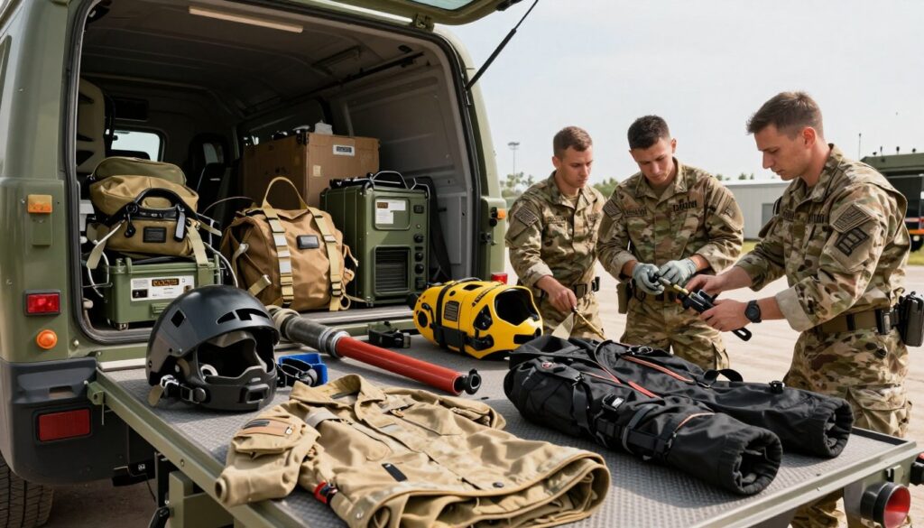 A detailed and realistic portrayal of the technical equipment utilized by the 82nd Equipment Evacuation Battalion. In the foreground, showcase various pieces of rescue and recovery gear, such as a specialized vehicle designed for equipment transport, hydraulic tools, and protective gear. In the middle ground, depict military personnel in professional uniforms working collaboratively, examining equipment and ensuring everything is operational. The background should include a dynamic outdoor setting, like a military base or an operational area, with clear skies and a sense of readiness. Soft lighting emphasizes the focus on the equipment, creating a serious yet determined atmosphere. Use a slightly tilted angle to convey action and urgency, highlighting the critical role of the battalion. The composition should be cohesive, emphasizing technical readiness and teamwork.